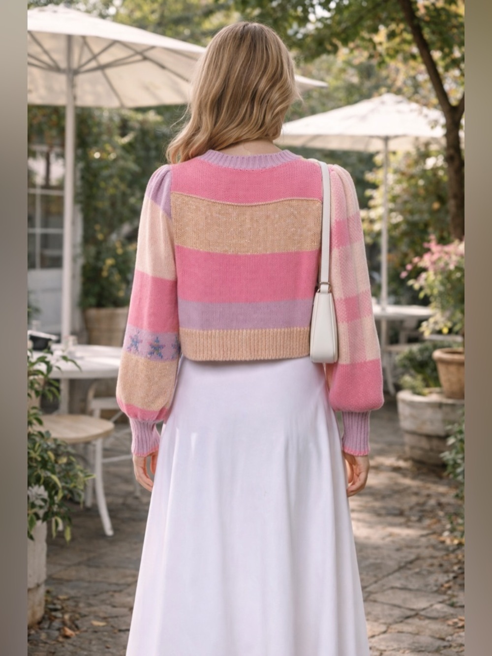 LoveShackFancy Pink Check Cardigan Puff Sleeve Knit Small - Picture 2 of 13